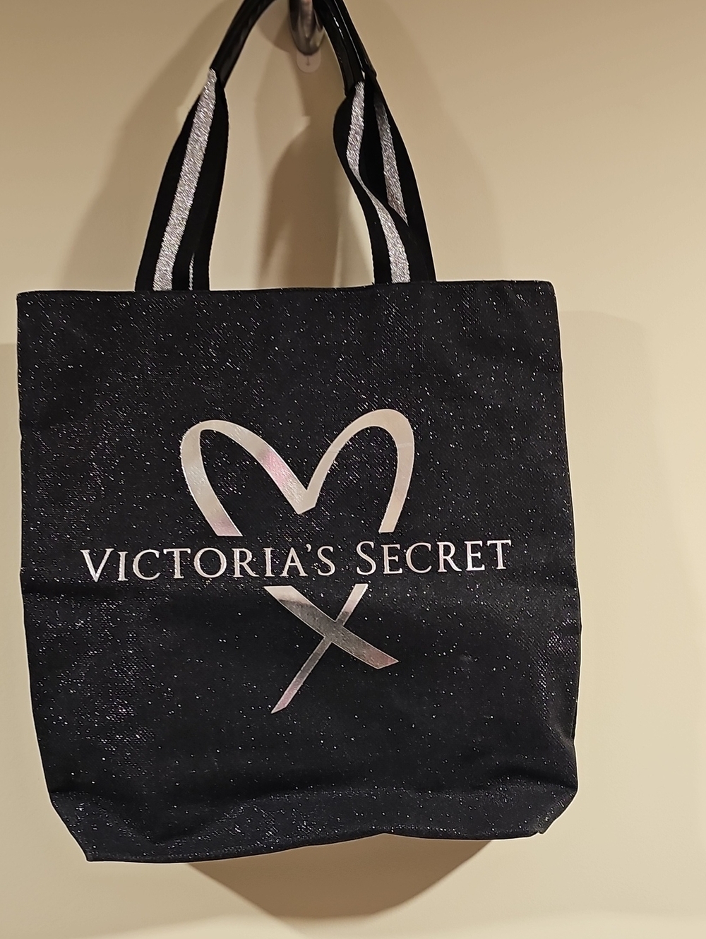 Victoria's Secret Black Glitter Logo Tote with Metallic Heart